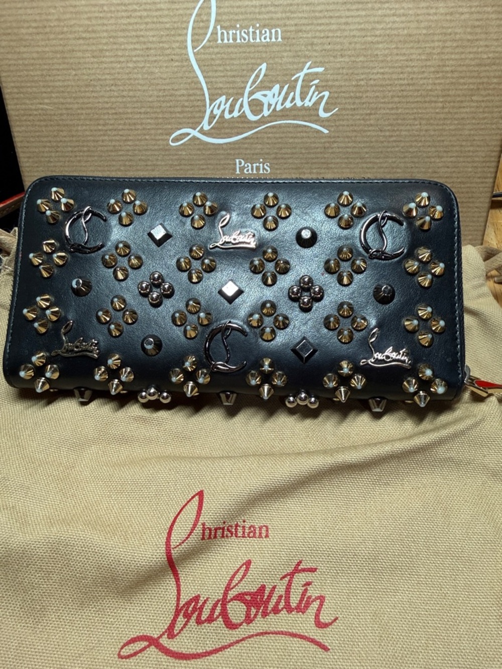 Christian Louboutin Black Leather Studded Zip-Around Wallet